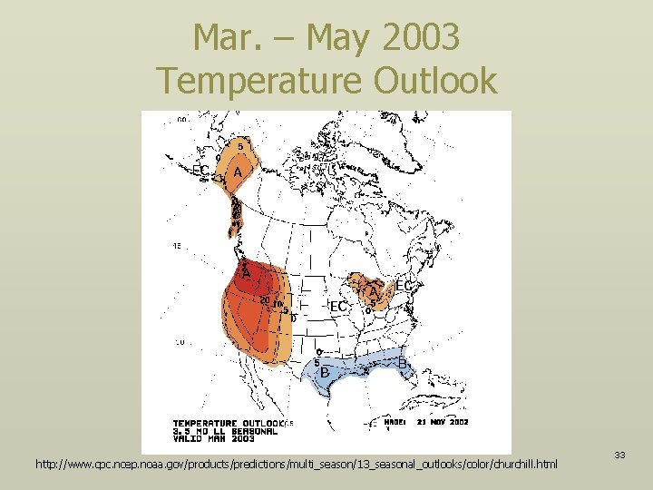 Mar. – May 2003 Temperature Outlook http: //www. cpc. ncep. noaa. gov/products/predictions/multi_season/13_seasonal_outlooks/color/churchill. html 33