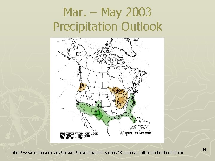 Mar. – May 2003 Precipitation Outlook http: //www. cpc. ncep. noaa. gov/products/predictions/multi_season/13_seasonal_outlooks/color/churchill. html 34