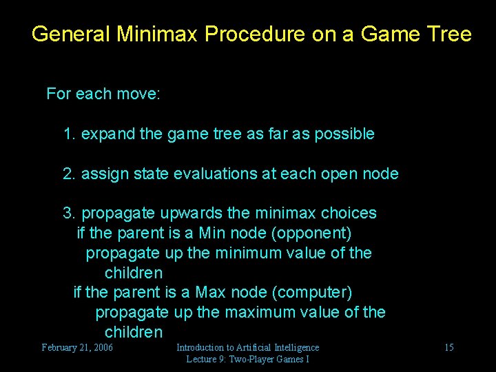 General Minimax Procedure on a Game Tree For each move: 1. expand the game