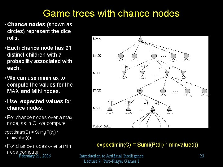 Game trees with chance nodes • Chance nodes (shown as circles) represent the dice