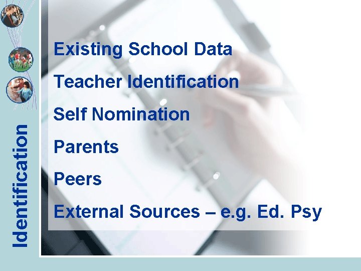 Existing School Data Identification Teacher Identification Self Nomination Parents Peers External Sources – e.