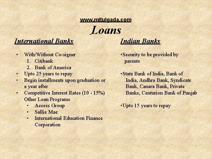 www. mitulgada. com Loans International Banks • • With/Without Co-signer 1. Citibank 2. Bank www. mitulgada. com Loans International Banks • • With/Without Co-signer 1. Citibank 2. Bank