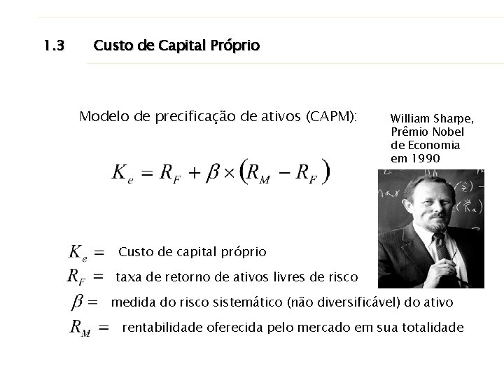 1. 3 Custo de Capital Próprio Modelo de precificação de ativos (CAPM): William Sharpe,