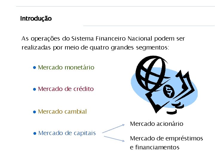 Introdução As operações do Sistema Financeiro Nacional podem ser realizadas por meio de quatro