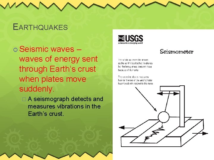 EARTHQUAKES Seismic waves – waves of energy sent through Earth’s crust when plates move