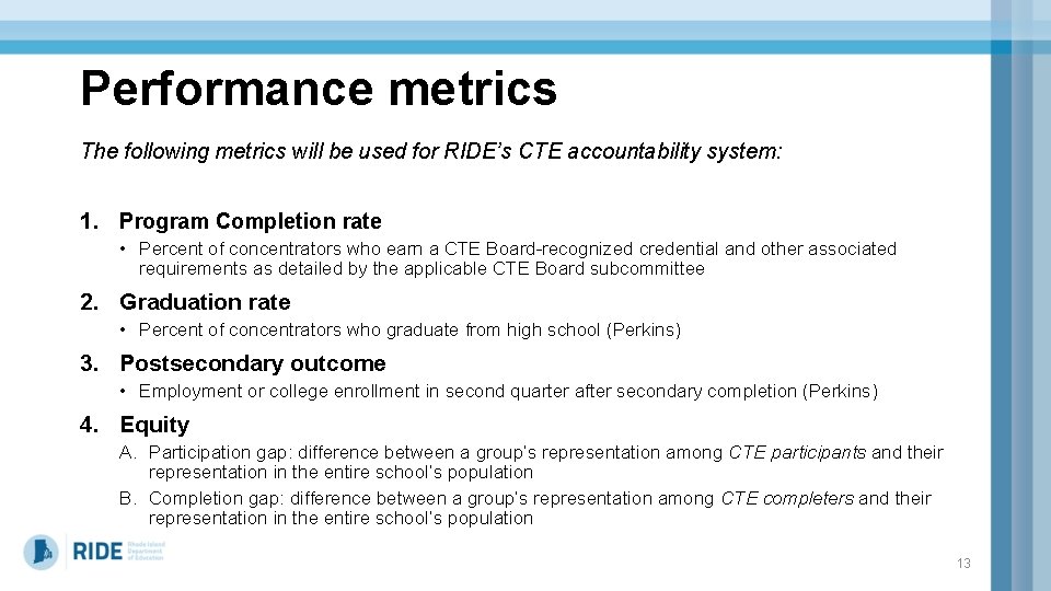 Performance metrics The following metrics will be used for RIDE’s CTE accountability system: 1.