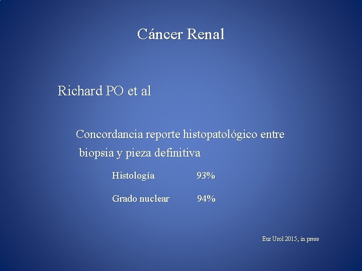 Cáncer Renal Richard PO et al Concordancia reporte histopatológico entre biopsia y pieza definitiva