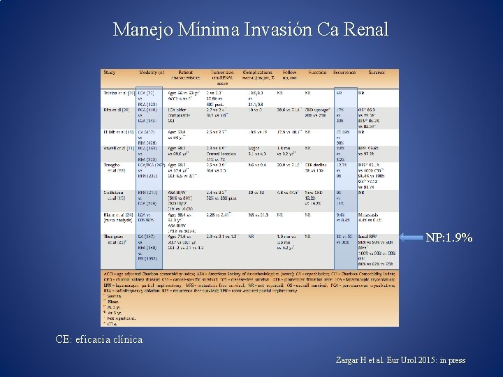 Manejo Mínima Invasión Ca Renal NP: 1. 9% CE: eficacia clínica Zargar H et