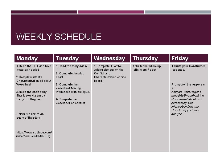 WEEKLY SCHEDULE Monday Tuesday Wednesday Thursday Friday 1. Read the PPT and take notes