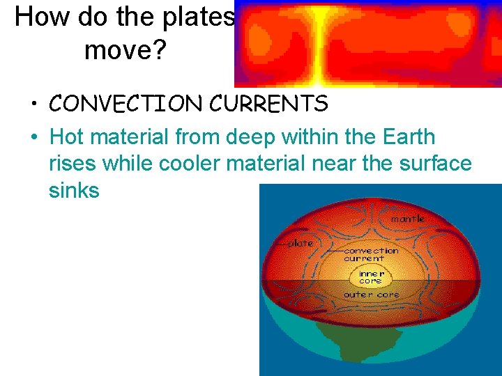 How do the plates move? • CONVECTION CURRENTS • Hot material from deep within