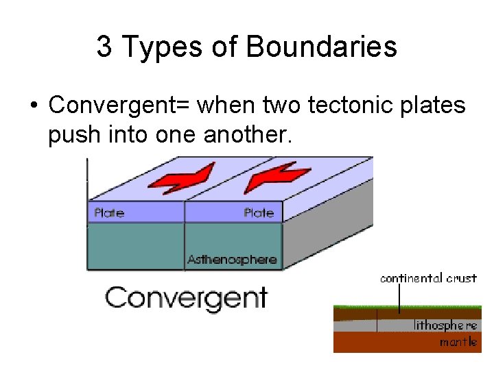 3 Types of Boundaries • Convergent= when two tectonic plates push into one another.