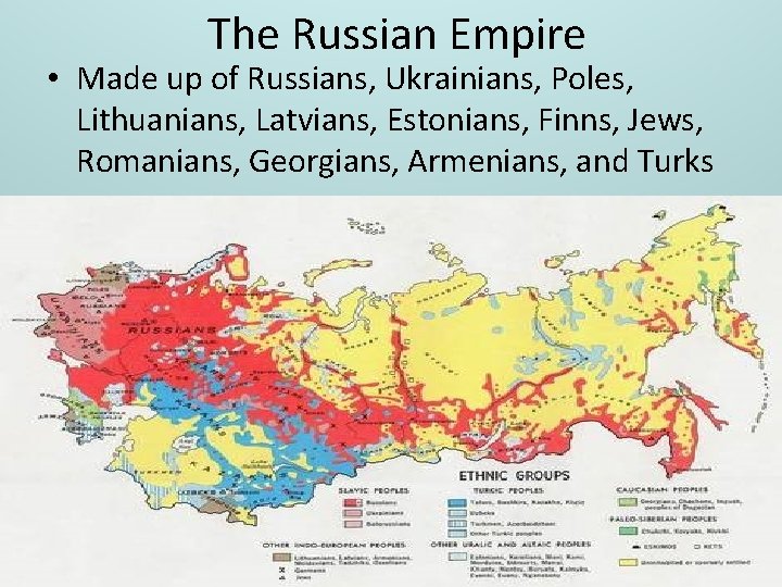 The Russian Empire • Made up of Russians, Ukrainians, Poles, Lithuanians, Latvians, Estonians, Finns,