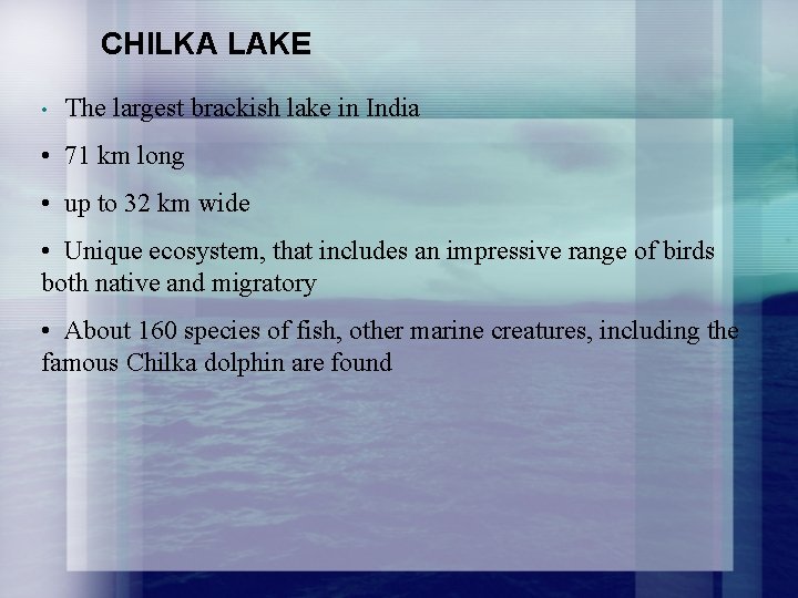CHILKA LAKE • The largest brackish lake in India • 71 km long •