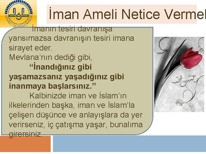 İman Ameli Netice Vermel İmanın tesiri davranışa yansımazsa davranışın tesiri imana sirayet eder. Mevlana’nın