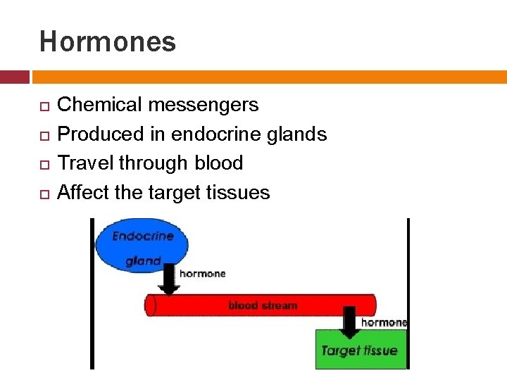 Hormones Chemical messengers Produced in endocrine glands Travel through blood Affect the target tissues
