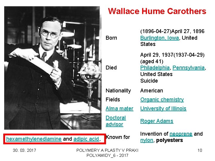 Wallace Hume Carothers Born (1896 -04 -27)April 27, 1896 Burlington, Iowa, United States Died