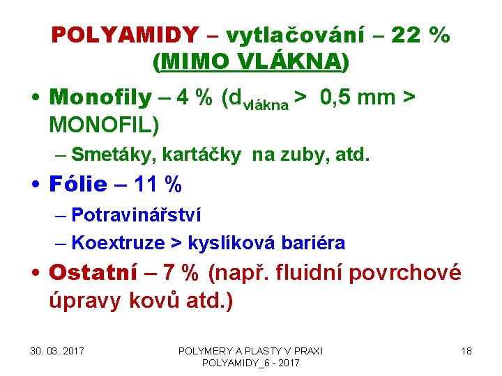 POLYAMIDY – vytlačování – 22 % (MIMO VLÁKNA) • Monofily – 4 % (dvlákna