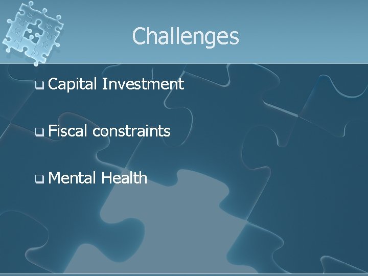 Challenges q Capital Investment q Fiscal constraints q Mental Health 