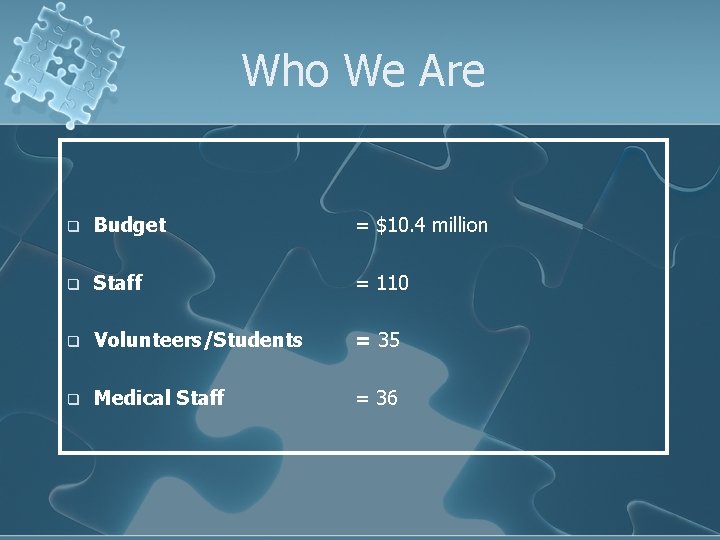 Who We Are q Budget = $10. 4 million q Staff = 110 q