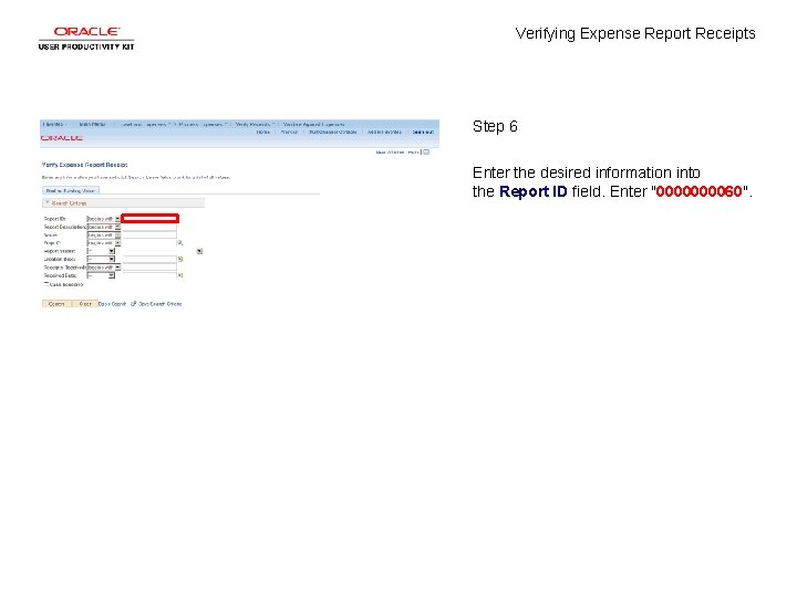 Verifying Expense Report Receipts Step 6 Enter the desired information into the Report ID