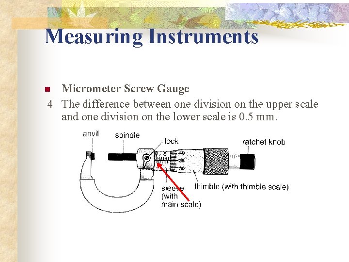 Measuring Instruments Micrometer Screw Gauge 4 The difference between one division on the upper