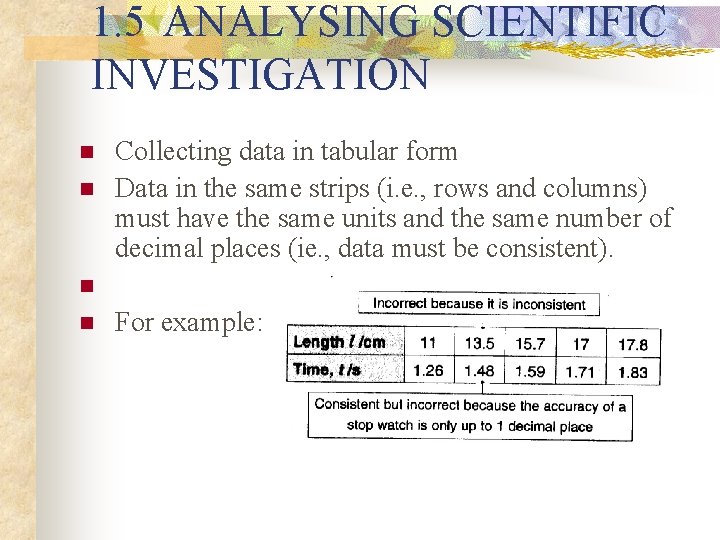 1. 5 ANALYSING SCIENTIFIC INVESTIGATION n n Collecting data in tabular form Data in