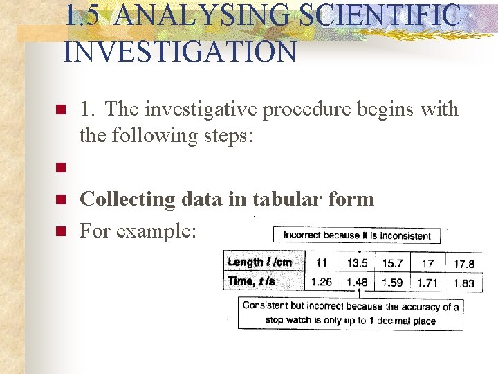 1. 5 ANALYSING SCIENTIFIC INVESTIGATION n n 1. The investigative procedure begins with the