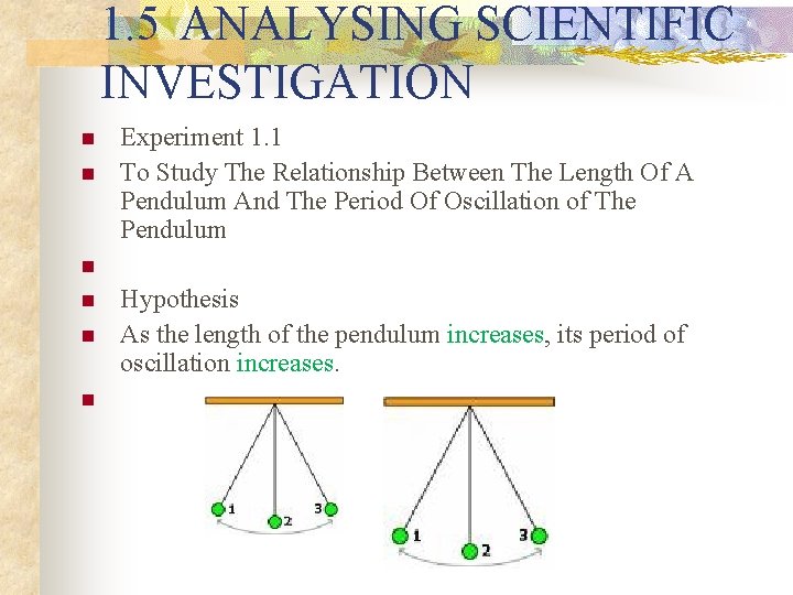 1. 5 ANALYSING SCIENTIFIC INVESTIGATION n n n Experiment 1. 1 To Study The