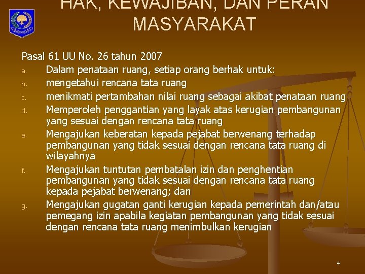 HAK, KEWAJIBAN, DAN PERAN MASYARAKAT Pasal 61 UU No. 26 tahun 2007 a. Dalam