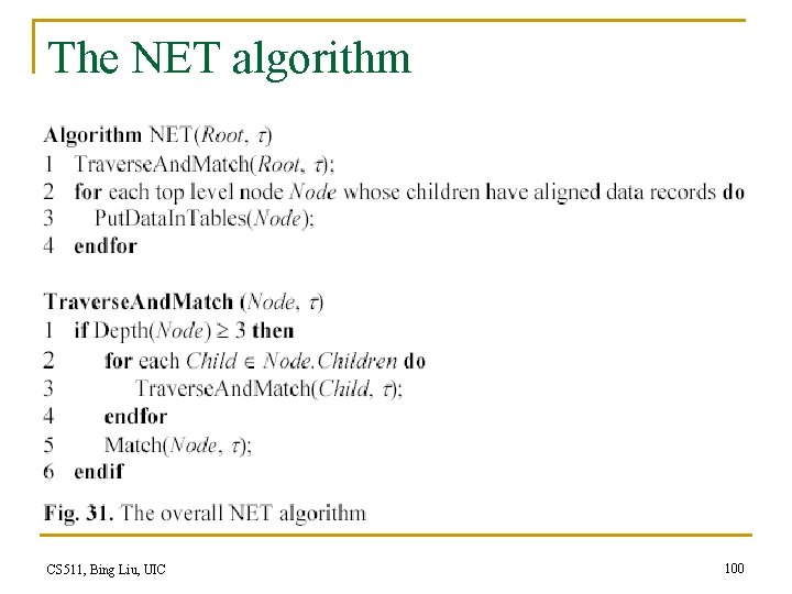 The NET algorithm CS 511, Bing Liu, UIC 100 