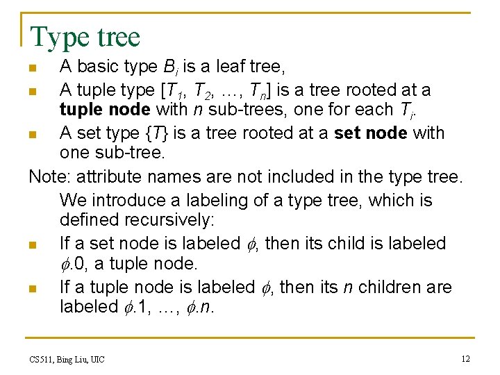 Type tree A basic type Bi is a leaf tree, n A tuple type