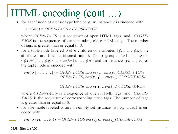 HTML encoding (cont …) CS 511, Bing Liu, UIC 15 