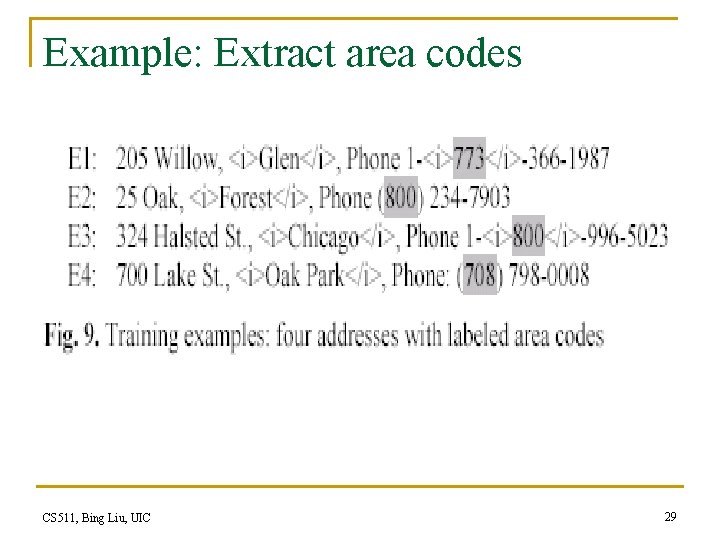 Example: Extract area codes CS 511, Bing Liu, UIC 29 