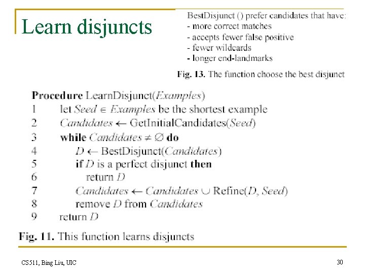 Learn disjuncts CS 511, Bing Liu, UIC 30 