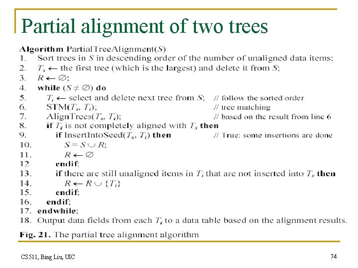 Partial alignment of two trees CS 511, Bing Liu, UIC 74 