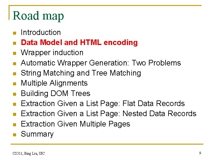 Road map n n n Introduction Data Model and HTML encoding Wrapper induction Automatic