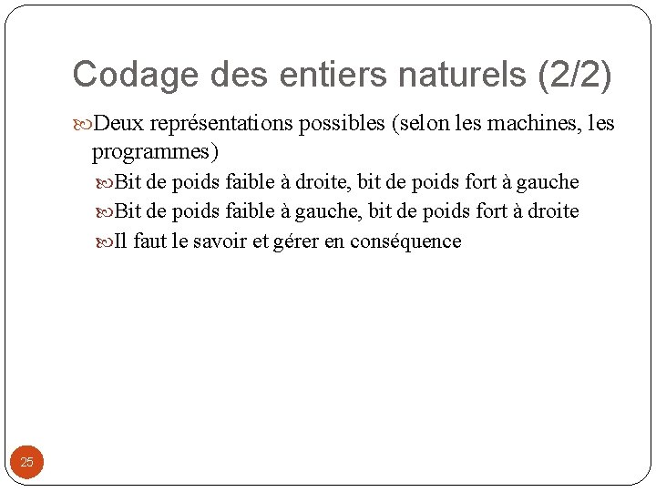 Codage des entiers naturels (2/2) Deux représentations possibles (selon les machines, les programmes) Bit