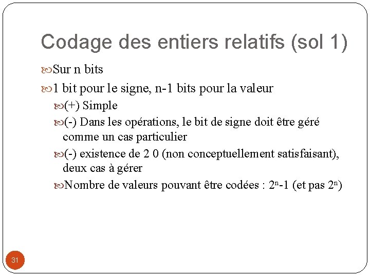 Codage des entiers relatifs (sol 1) Sur n bits 1 bit pour le signe,