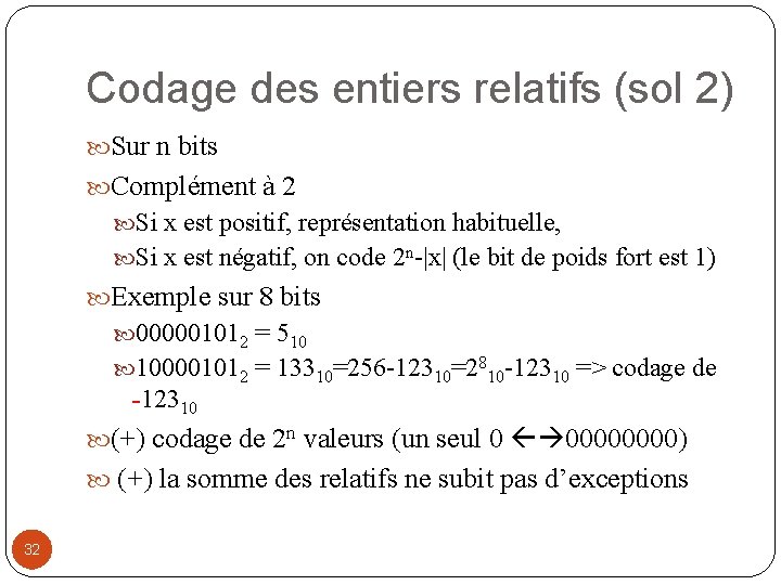 Codage des entiers relatifs (sol 2) Sur n bits Complément à 2 Si x