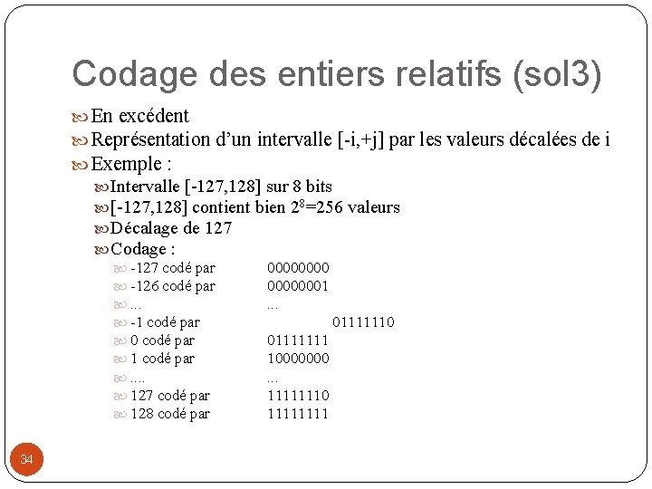 Codage des entiers relatifs (sol 3) En excédent Représentation d’un intervalle [-i, +j] par