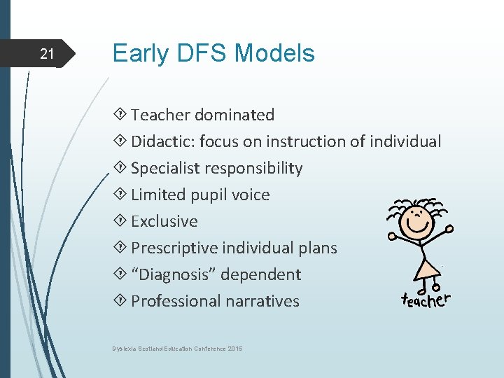 21 Early DFS Models Teacher dominated Didactic: focus on instruction of individual Specialist responsibility