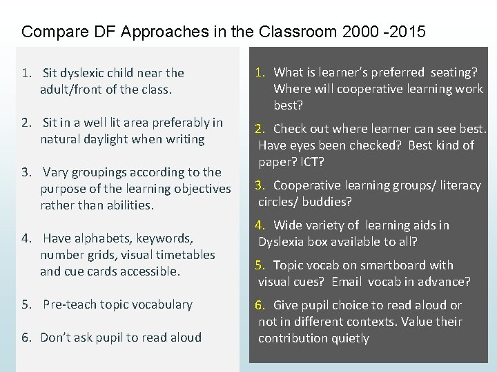 Compare DF Approaches in the Classroom 2000 -2015 1. Sit dyslexic child near the