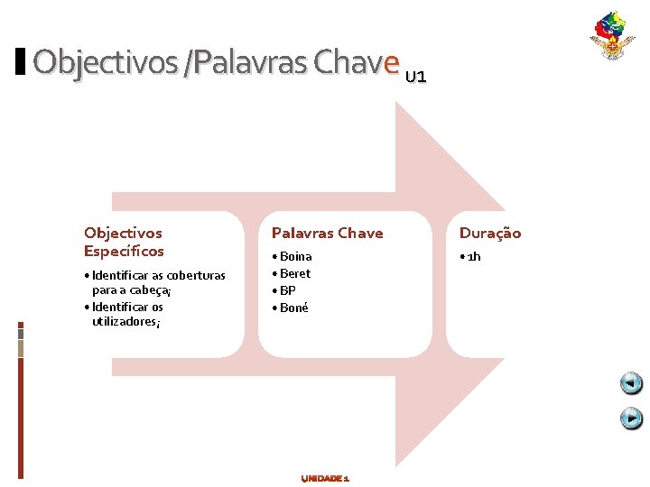 Objectivos /Palavras Chave u 1 Objectivos Específicos • Identificar as coberturas para a cabeça;