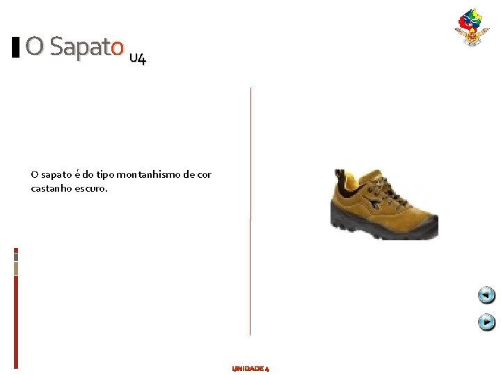 O Sapato u 4 O sapato é do tipo montanhismo de cor castanho escuro.
