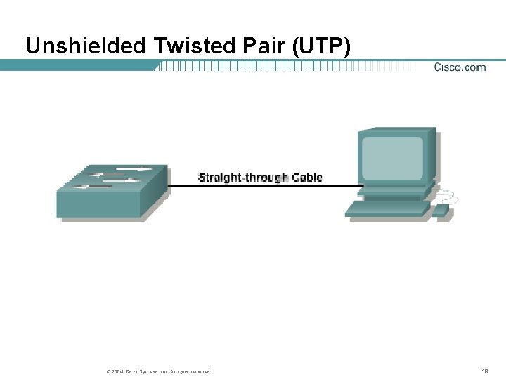 Unshielded Twisted Pair (UTP) © 2004, Cisco Systems, Inc. All rights reserved. 19 Unshielded Twisted Pair (UTP) © 2004, Cisco Systems, Inc. All rights reserved. 19