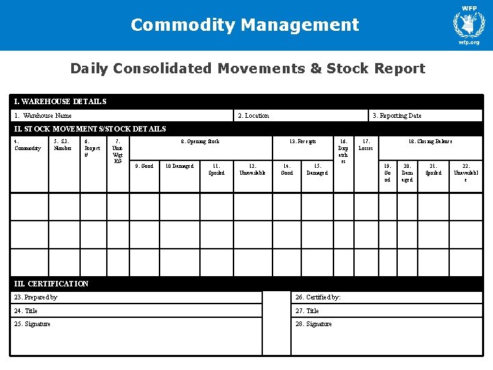Commodity Management Daily Consolidated Movements & Stock Report I. WAREHOUSE DETAILS 1. Warehouse Name