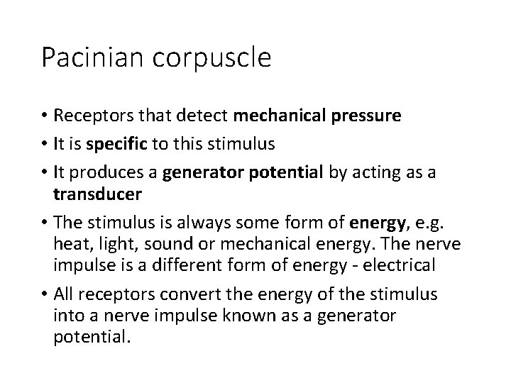 Pacinian corpuscle • Receptors that detect mechanical pressure • It is specific to this