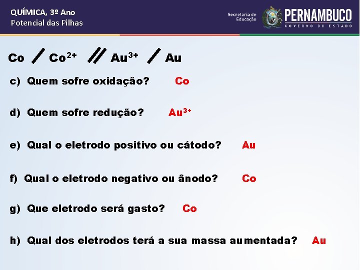 QUÍMICA, 3º Ano Potencial das Pilhas Co Co 2+ Au 3+ Au c) Quem