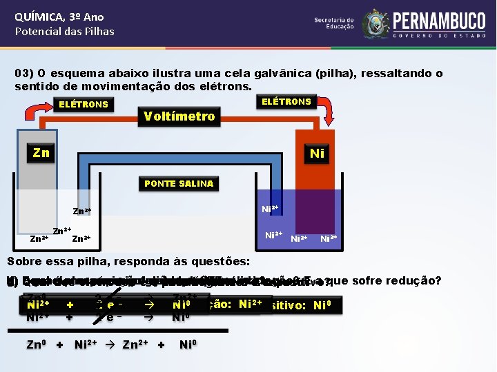 QUÍMICA, 3º Ano Potencial das Pilhas 03) O esquema abaixo ilustra uma cela galvânica