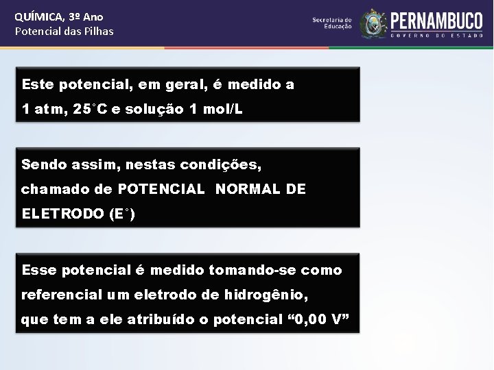 QUÍMICA, 3º Ano Potencial das Pilhas Este potencial, em geral, é medido a 1